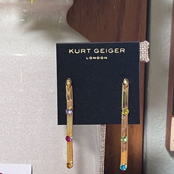 NWT Kurt Geiger London Rainbow Crystal Snake Chain Linear Multi Color Earrings - Picture 2 of 7